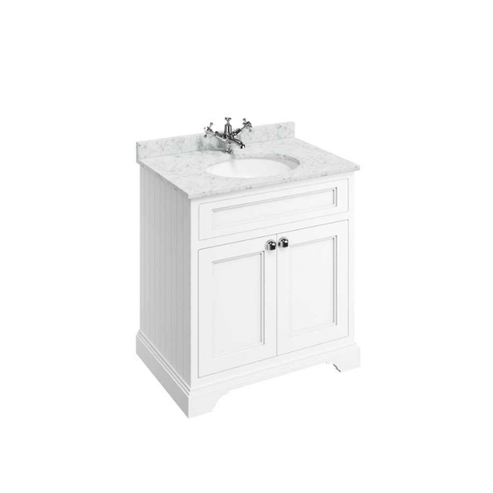 Product Cut out image of the Burlington Minerva 750mm Worktop & Matt White Freestanding Vanity Unit with Carrara white worktop
