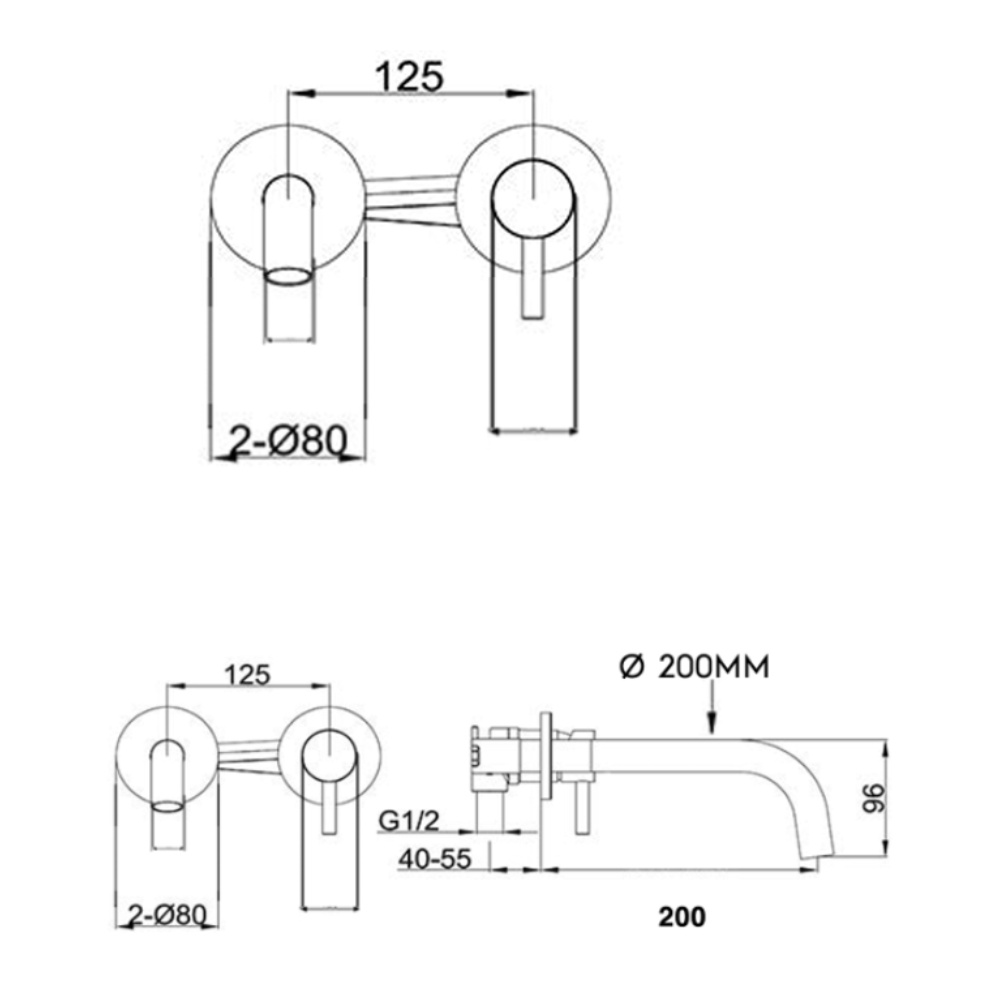 Product Specification image of the JTP Vos Brushed Brass 200mm Wall Mounted Slim Basin Mixer