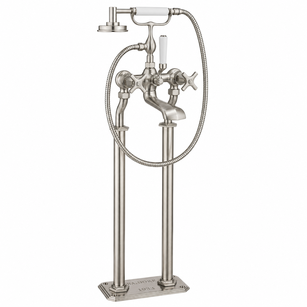 Cut out image of the Crosswater Waldorf Brushed Nickel Freestanding Crosshead Bath Shower Mixer