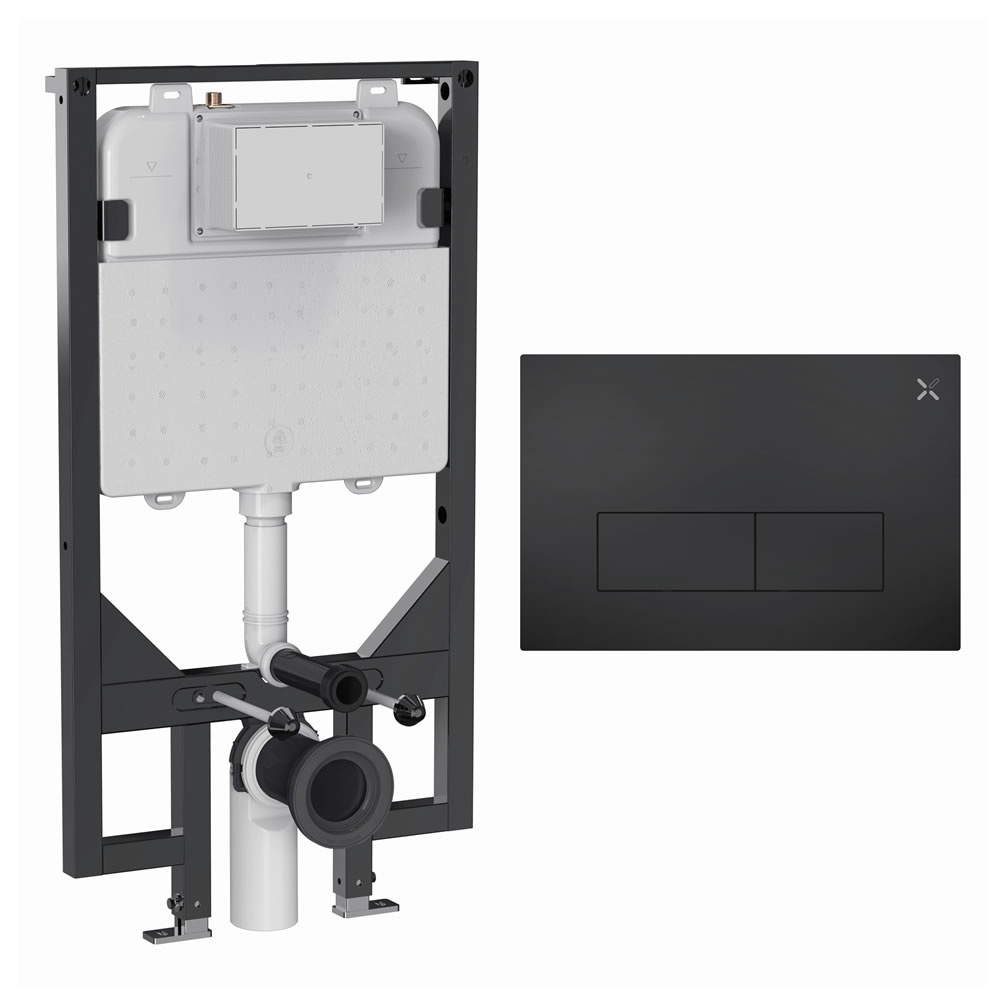 Cutout image of Crosswater 1140mm Slim Wall-Hung Cistern Frame & MPRO Black Stainless Steel Dual Flush Plate