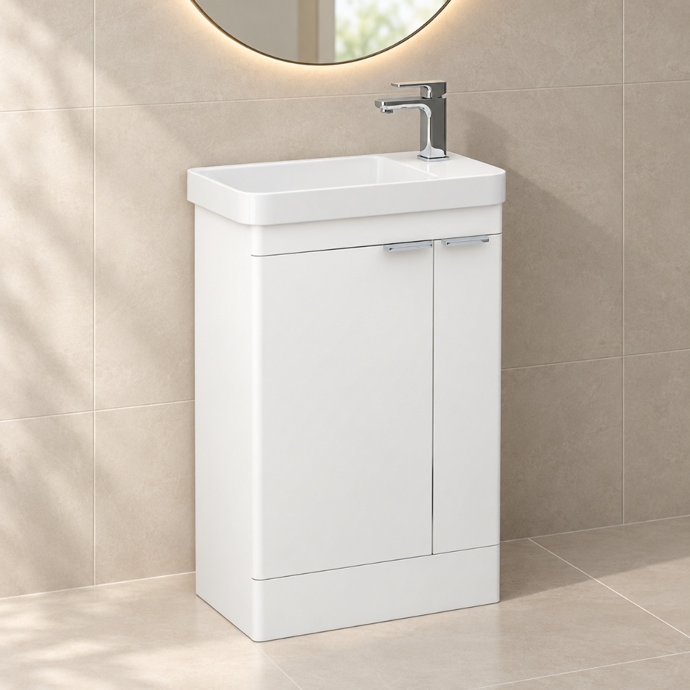 IMEX Luna Matt White 550mm 2-Door Floor Standing Cloakroom Vanity Unit Lifestyle