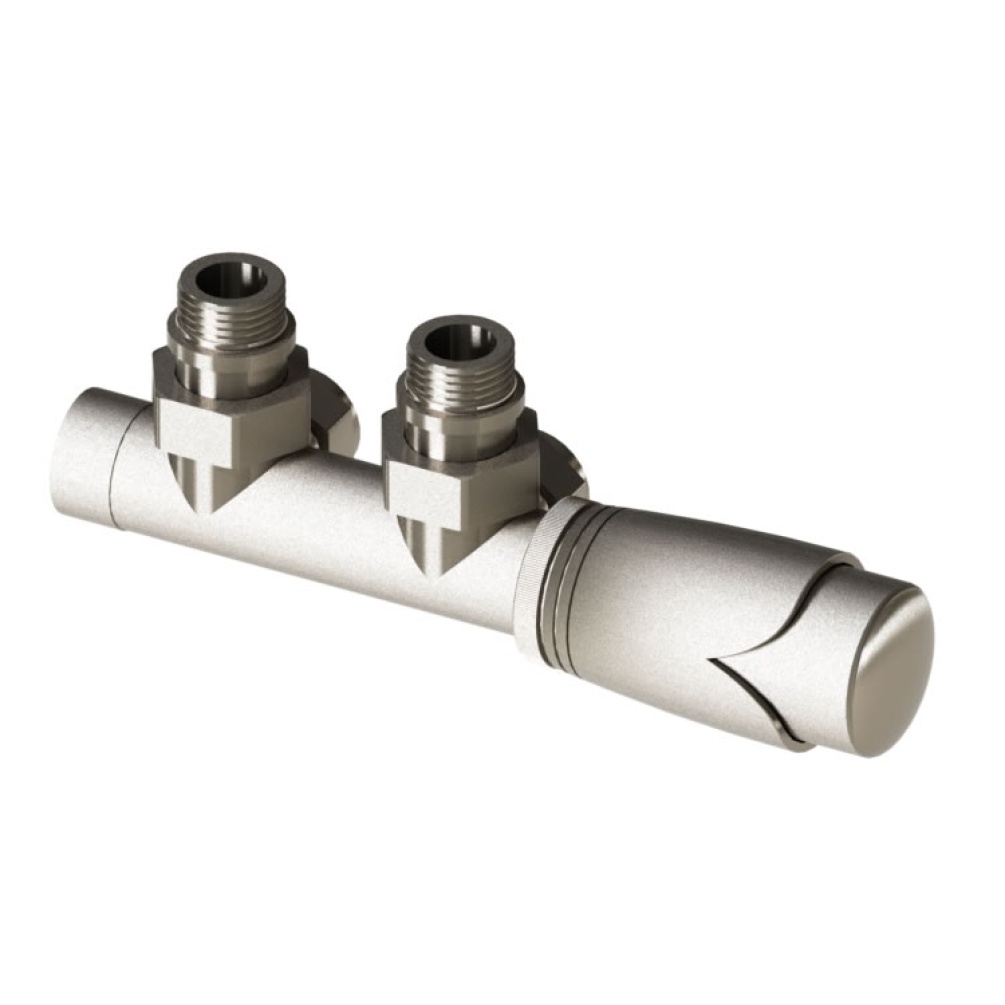 Product Cut out image of the Abacus Ultima Euro50 Brushed Nickel Angled Thermostatic Radiator Valve