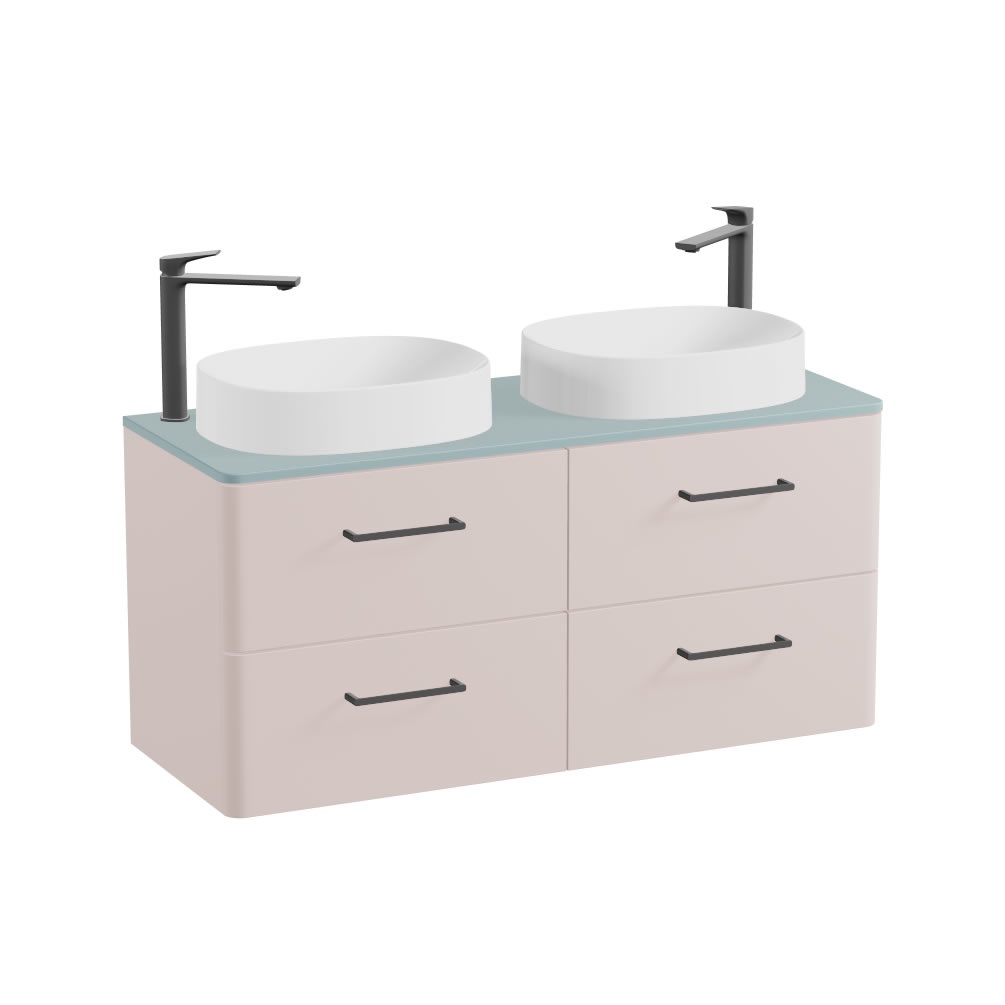 Vado Cameo 1200mm Pink Clay Wall Hung 4 Drawer Vanity Unit, Cove Blue Worktop & Gloss Oval Basins