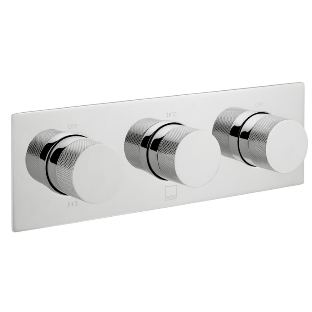 Cutout image of Vado Tablet Knurled Accents 3 Outlet Thermostatic Valve.