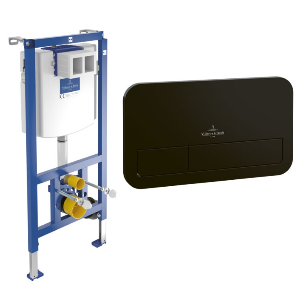 Cutout image of Villeroy & Boch 1120mm ViConnect Cistern Frame & Matt Black ViConnect Dual Flush Plate