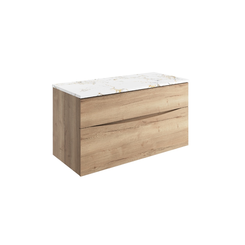 Product Cut out image of the Crosswater Glide II Windsor Oak 1000mm Double Drawer Unit with Gold Vein Worktop