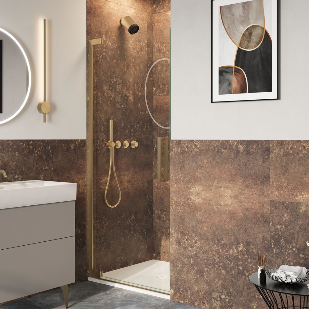 Lifestyle image of Crosswater Asura 8 Brushed Brass 800mm Hinged Shower Door