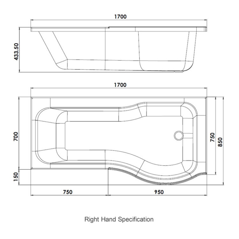 Sommer P Shaped 1700mm Shower Bath | Sanctuary Bathrooms