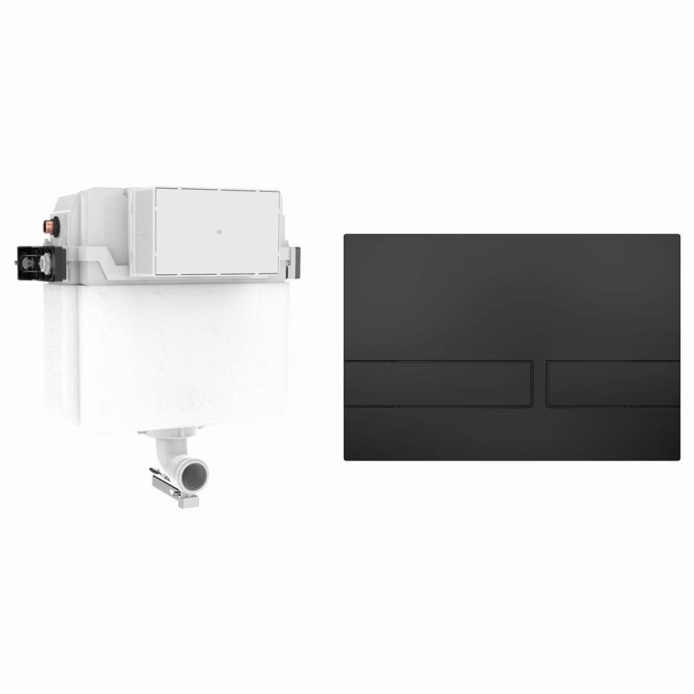 Cutout image of Crosswater 460mm Concealed Back-to-Wall Cistern & Venue Matt Black Dual Flush Plate
