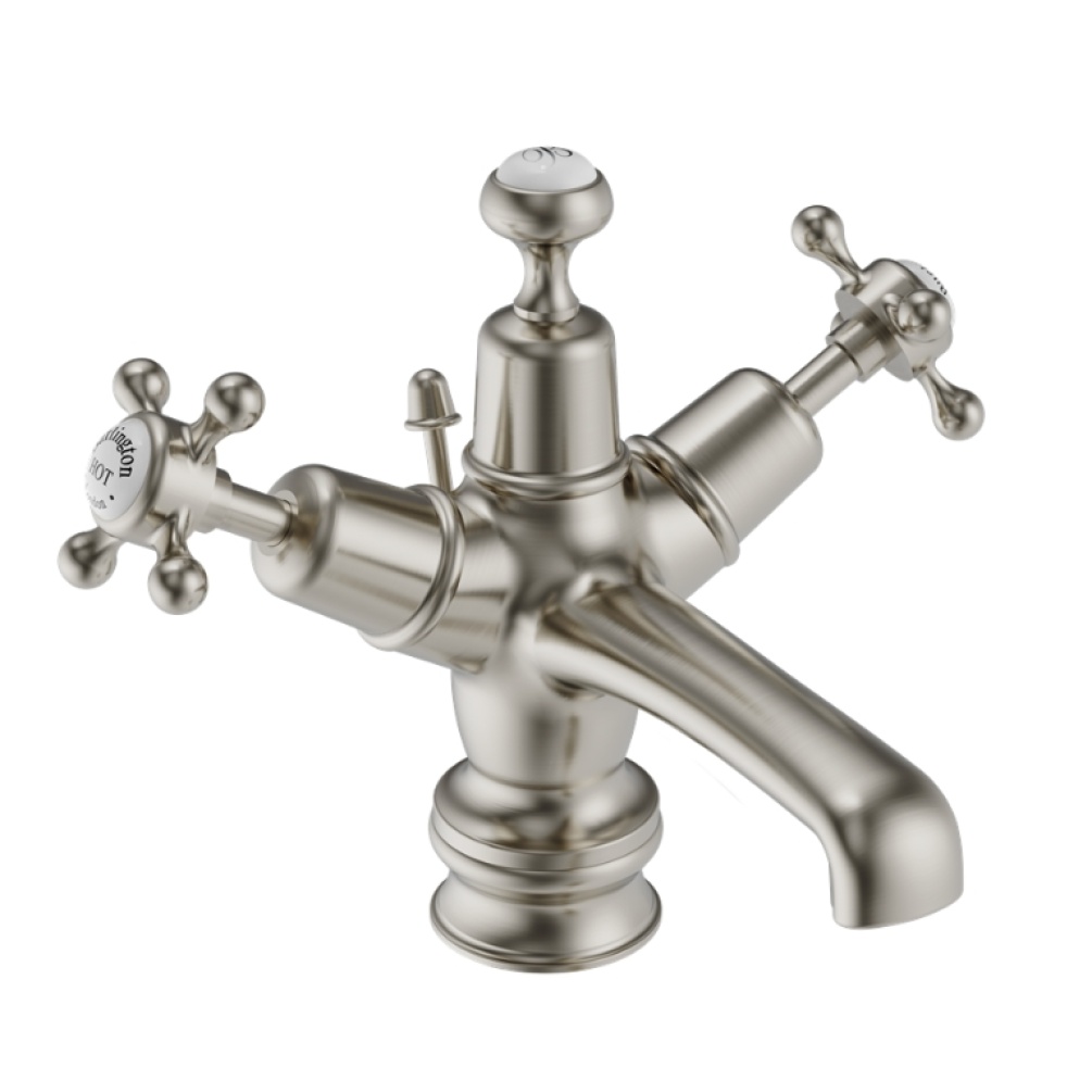 Product Cut out image of the Burlington Claremont Brushed Nickel Basin Mixer with Regent Base and Pop Up Waste