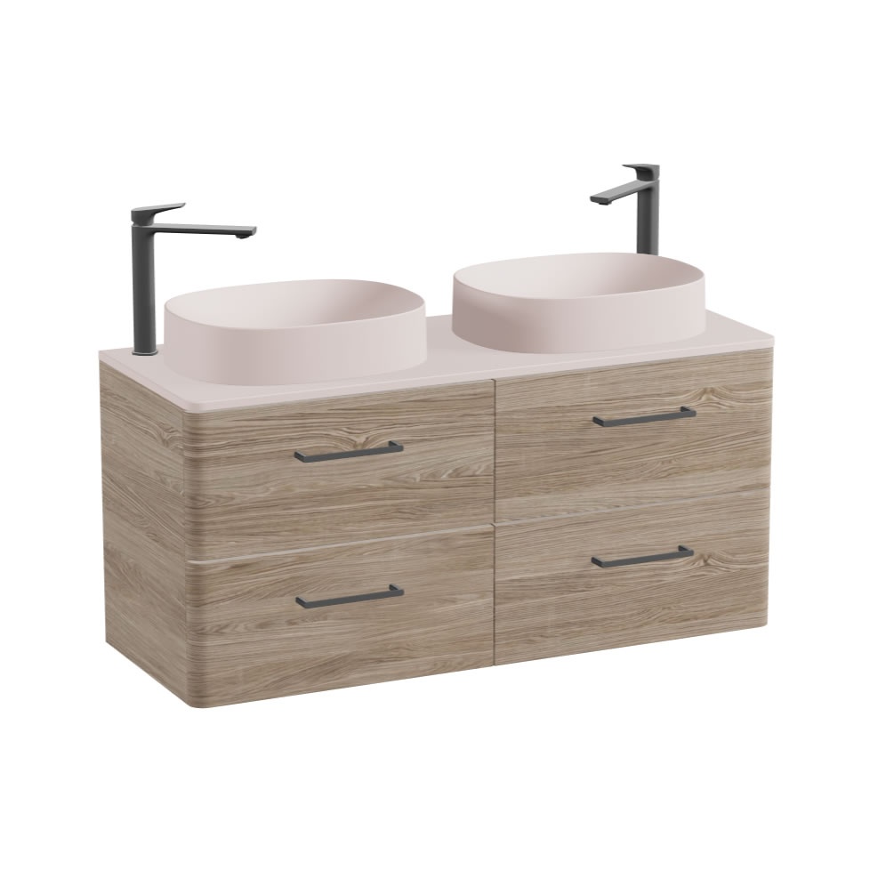 Vado Cameo 1200mm Natural Oak Wall Hung 4 Drawer Vanity Unit, Pink Clay Worktop & Oval Basins