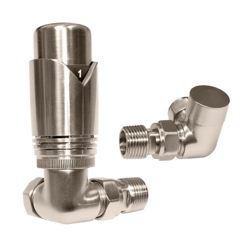 Product Cut out image of the Abacus Ultima Brushed Nickel Corner Thermostatic Radiator Valves