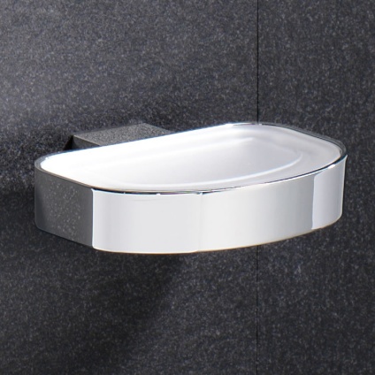 Lifestyle image of Origins Living Gedy Kent Soap Dish mounted on dark grey textured tiles.
