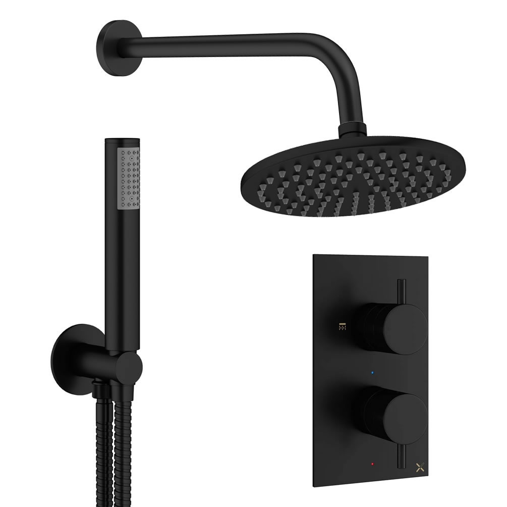 Cutout image of Crosswater Design Matt Black Dual Outlet Rainfall Shower Set