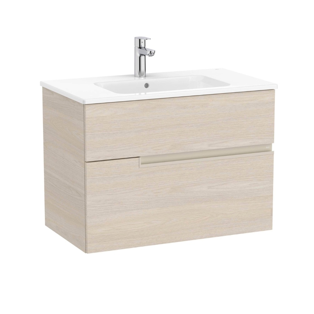 Product cut out image of the Roca Victoria-N Unik Light Ash 800mm Wall Hung 2 Drawer Vanity Unit & Basin