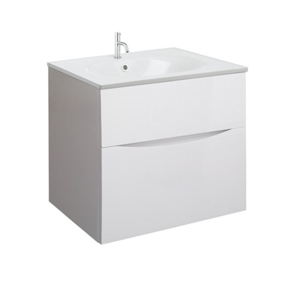 Product Cut out image of the Crosswater Glide II White Gloss 600mm Double Drawer Unit with Cast Mineral Marble 1 Tap Hole Basin