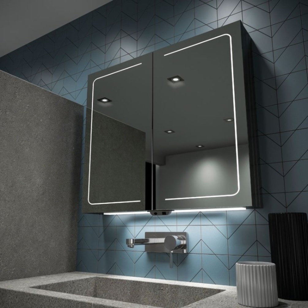 Close up product lifestyle image of the HIB Vapor 800mm LED Mirror Cabinet