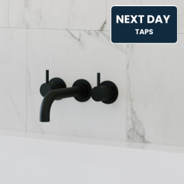image of black three tap hole tap wall mounted on white tiles with next day delivery taps text overlaid