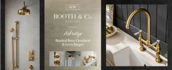 image of booth and co website banner showing various brushed brass products with text saying introducing axbrige