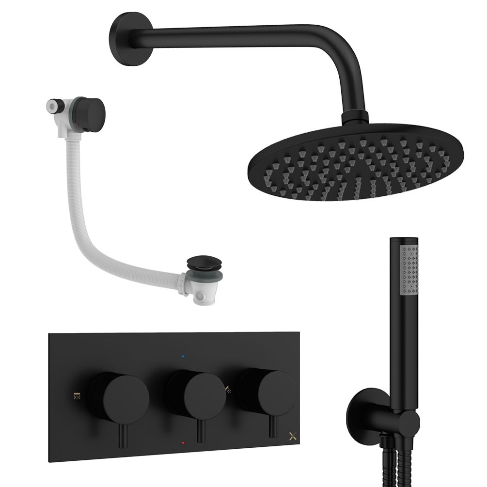 Cutout image of Crosswater Design Matt Black Three Outlet Shower Bath Set