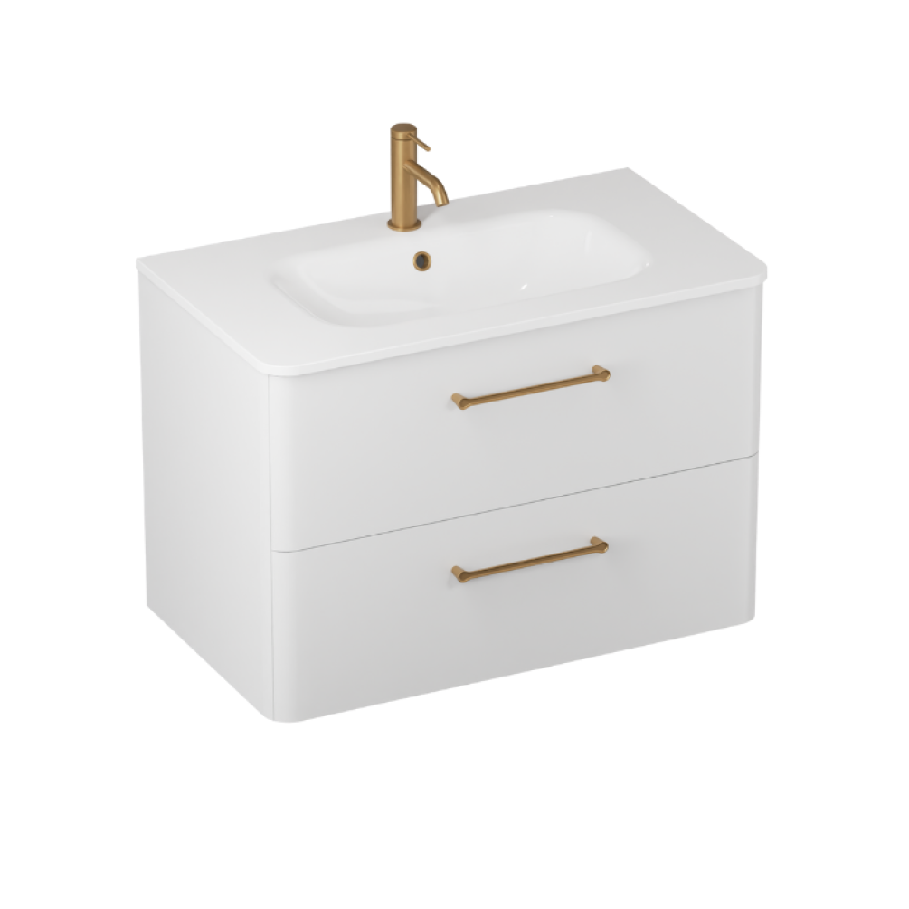 Product cut out image photo of Britton Bathrooms Camberwell 800mm Frosted White Wall Hung Vanity Unit and Basin with brass Handles C80DDW