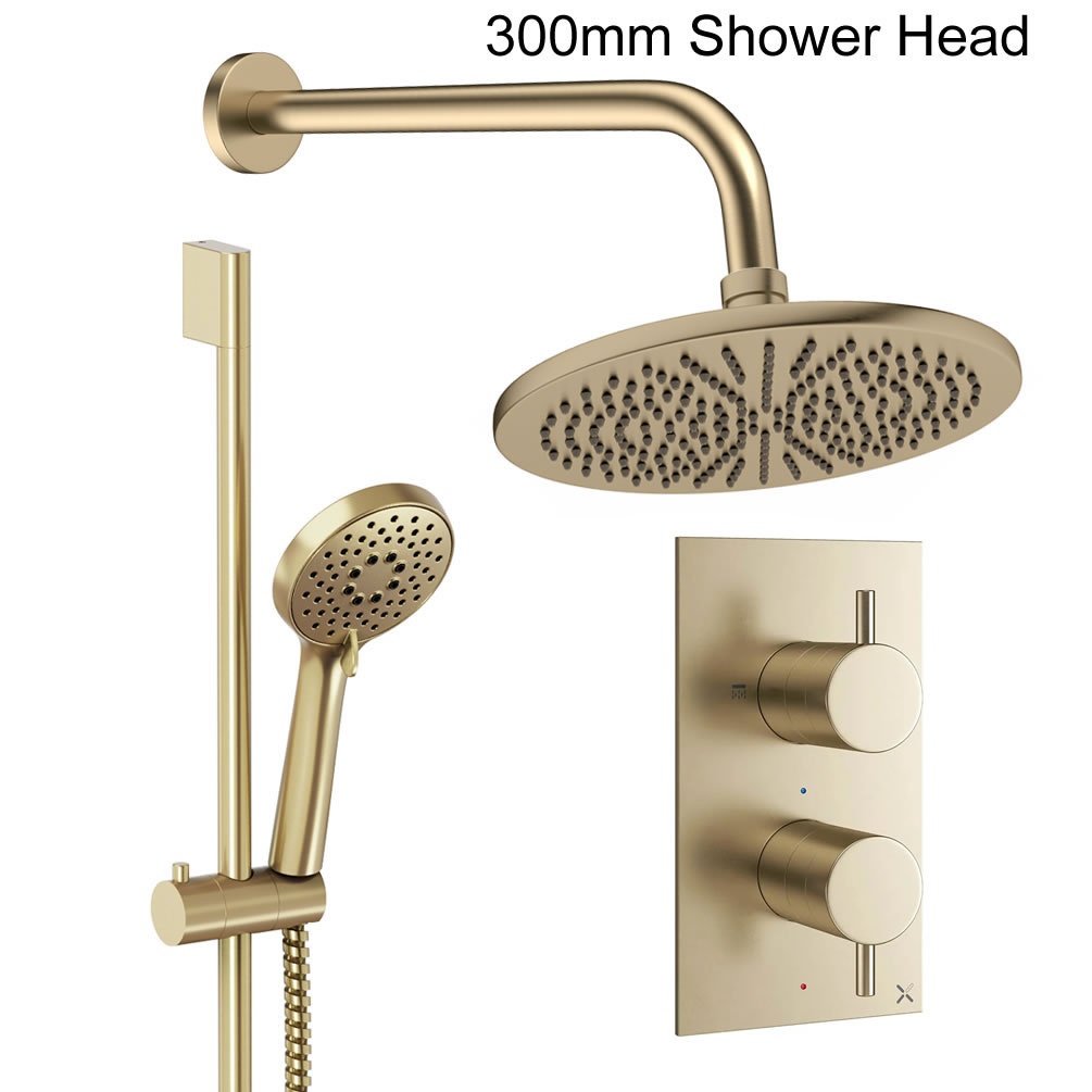 Cutout image of Crosswater Design Brushed Brass Dual Outlet Slide Rail Shower Set 300mm head