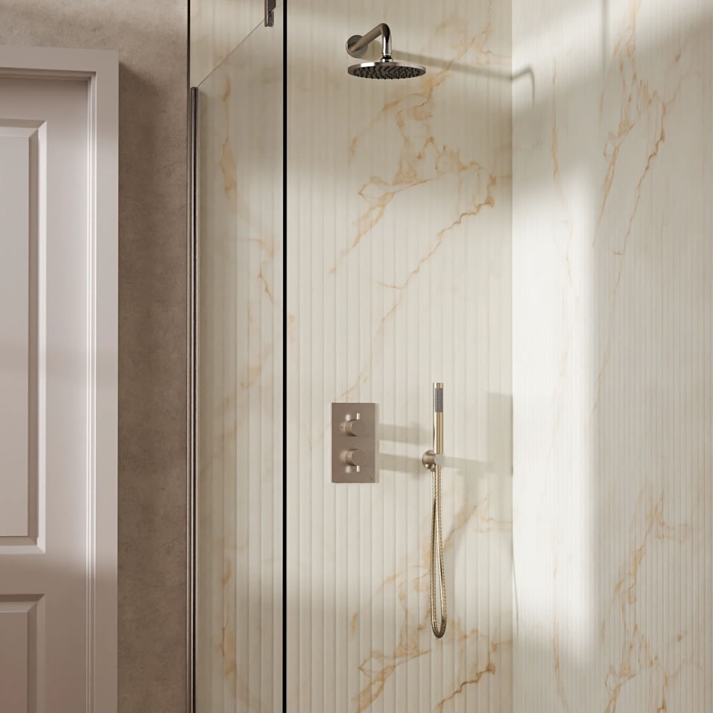 Lifestyle image of Crosswater Design Brushed Nickel Dual Outlet Rainfall Shower Set