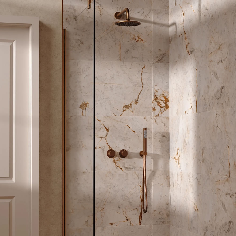 Lifestyle image of Crosswater Module Brushed Bronze Dual Outlet Rainfall Shower Set
