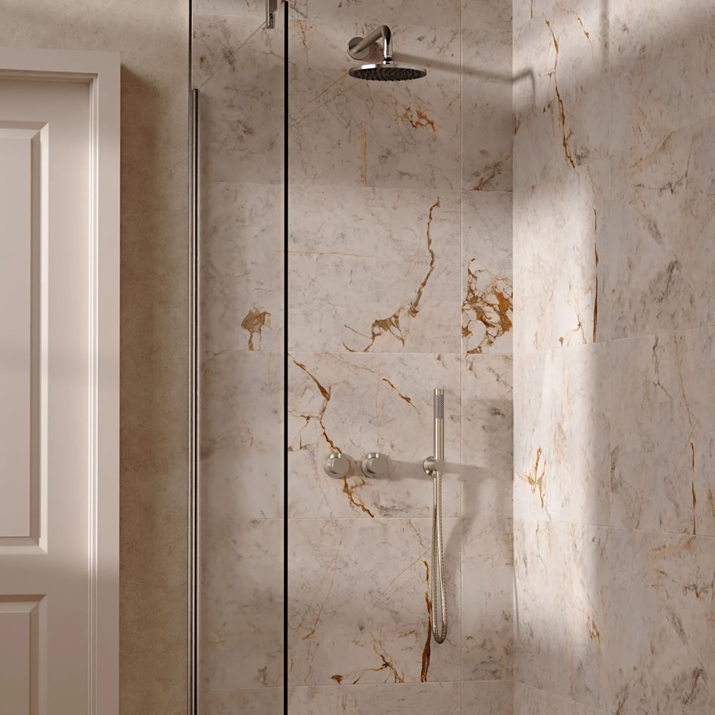 Lifestyle image of Crosswater Module Brushed Nickel Dual Outlet Rainfall Shower Set