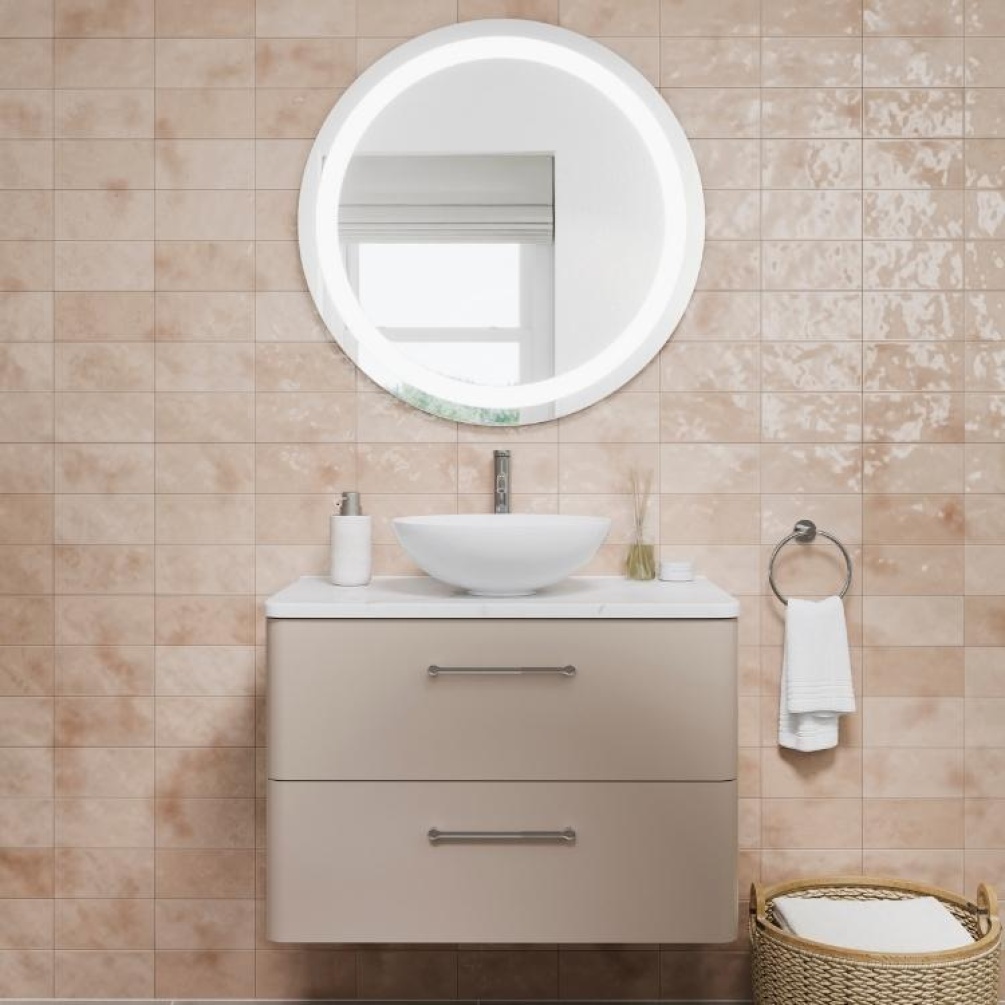 Product Lifestyle Photo from front angle of Britton Bathrooms Camberwell Warm Beige 600mm Wall Hung Vanity Unit with Worktop C60DDM