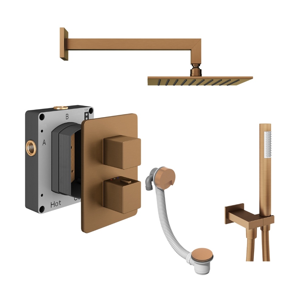 Product Cut out image of the Abacus Square Brushed Bronze 3 Outlet Shower Pack with Bath Filler & Handset