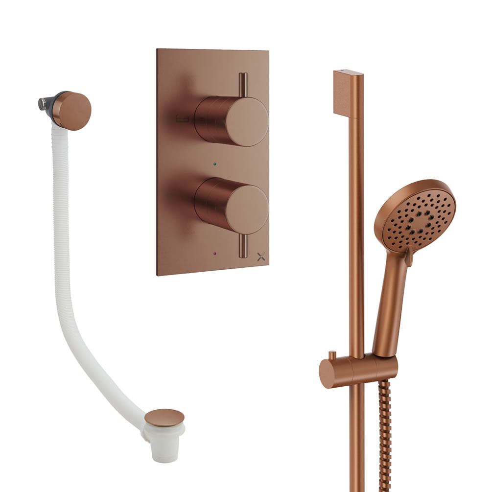 Cutout image of Crosswater Design Brushed Bronze Dual Outlet Slide Rail Shower Bath Set