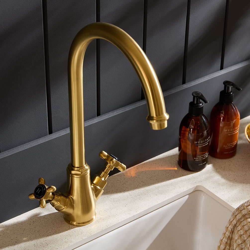 Booth & Co. Axbridge Cross Brushed Brass/Black Mono Kitchen Mixer - Lifestyle Image 2