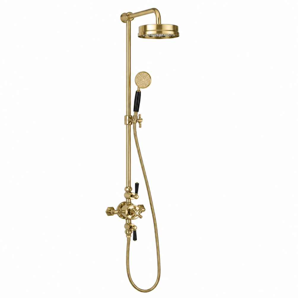 Cut out image of the Crosswater Waldorf Brushed Brass Thermostatic Shower Column with Black Handles