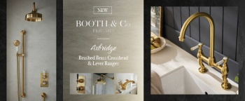 image of booth and co taps brushed brass taps framed by a black background with text saying Booth & Co Axbridge Brushed Brass New