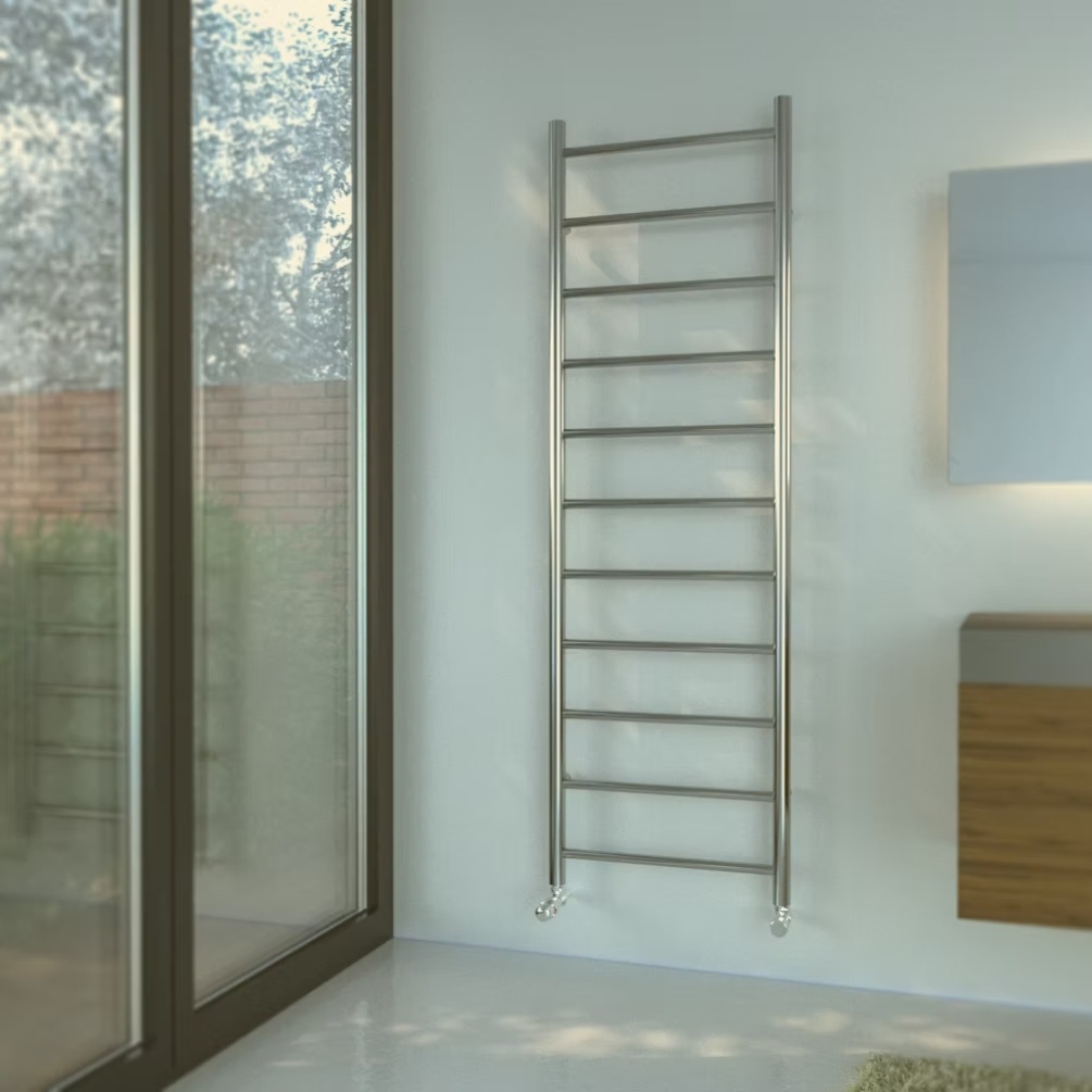 Lifestyle image of the Radox Space 1700mm x 548mm Polished Stainless Steel Heated Towel Rail mounted on a wall, in between a window and vanity unity