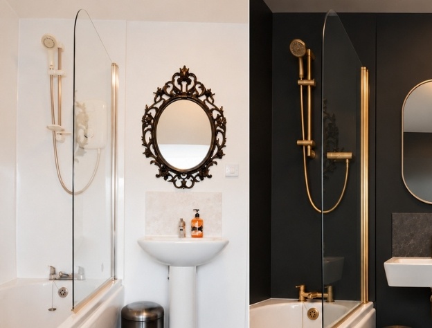 A comparison image showcasing how bathrooms can be designed with AI, with a before and after.