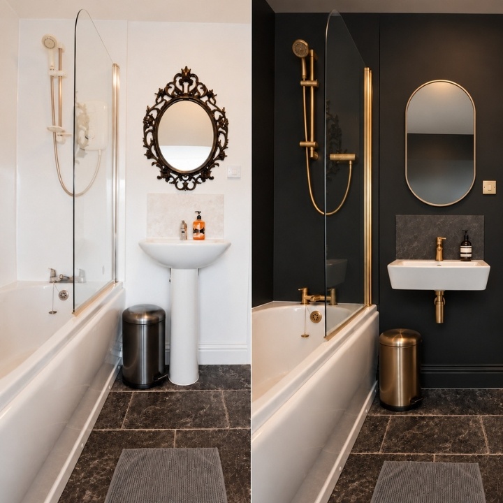 A comparison image showcasing how bathrooms can be designed with AI, with a before and after.
