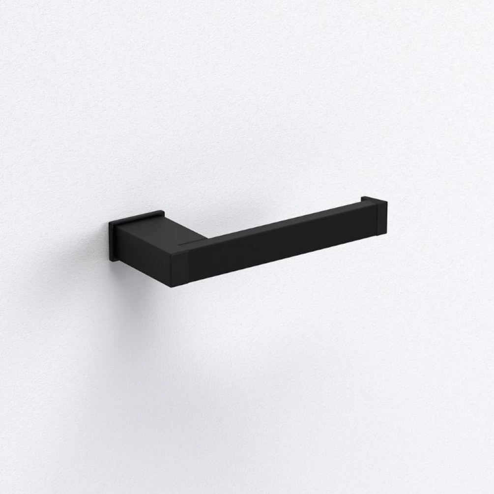 Close up product image of the Origins Living S Cube Matt Black Open Toilet Roll Holder