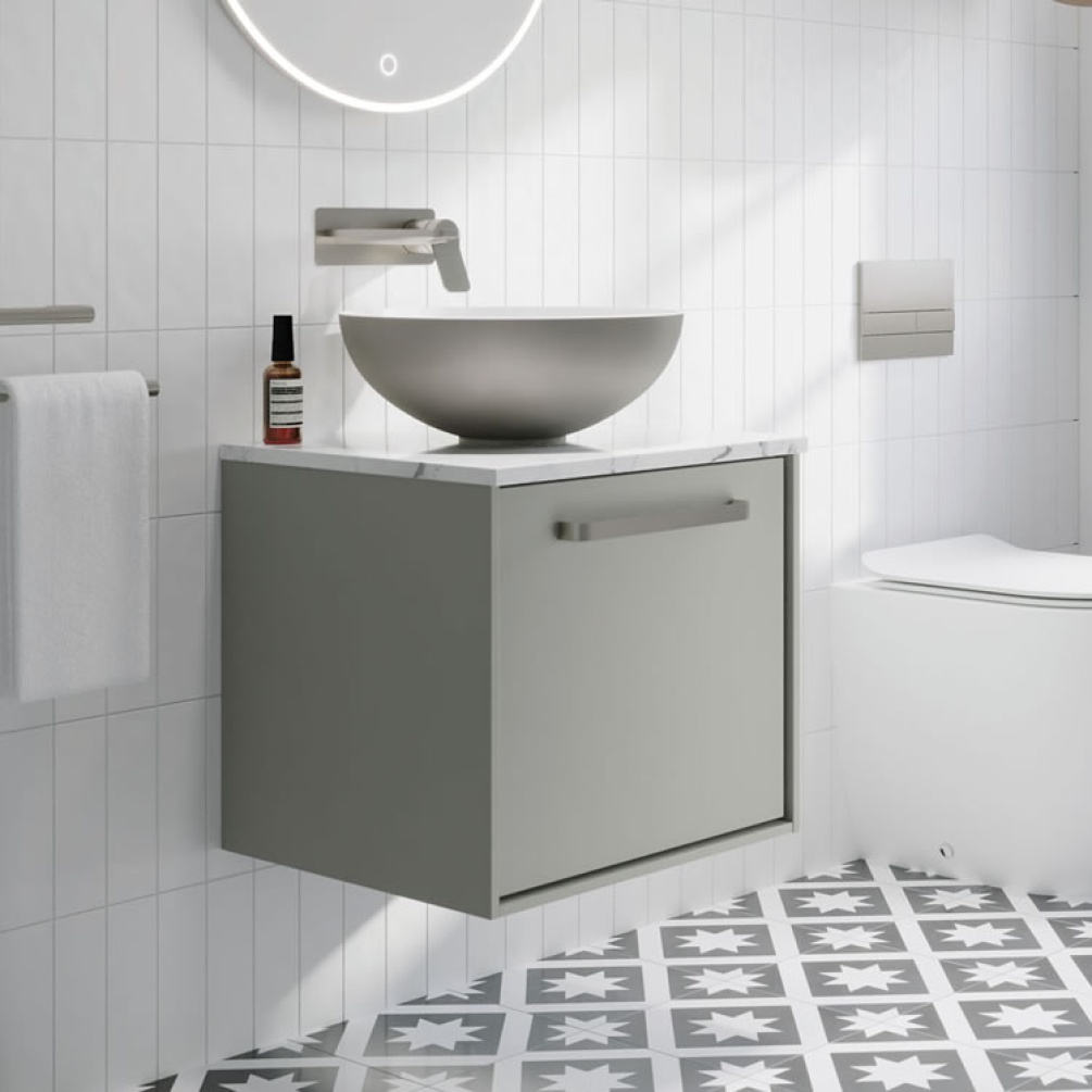 Lifestyle image of Crosswater Infinity 500mm Storm Grey Wall-Hung Vanity Unit & Worktop