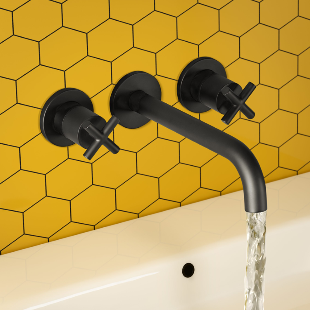 Photo of JTP Solex Matt Black Wall Mounted Basin Mixer Lifestyle Image
