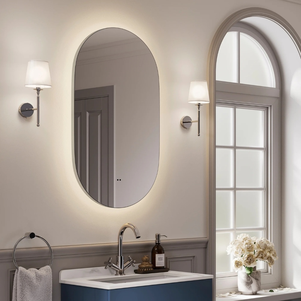 Lifestyle image of the hib. Arcane Pill 500mm x 900mm Chrome Illuminated Frame Mirror