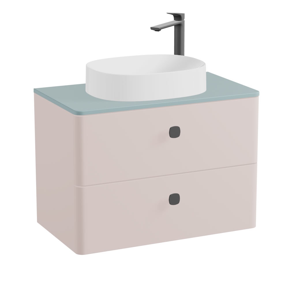 Vado Cameo 800mm Pink Clay Wall Hung 2 Drawer Vanity Unit, Cove Blue Worktop & Gloss White Basin