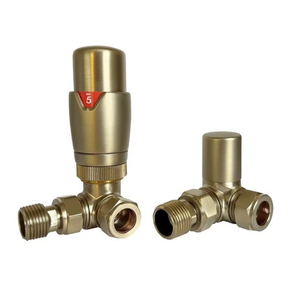 Product cut out image of the Radox Brushed Brass Thermostatic Corner Valves