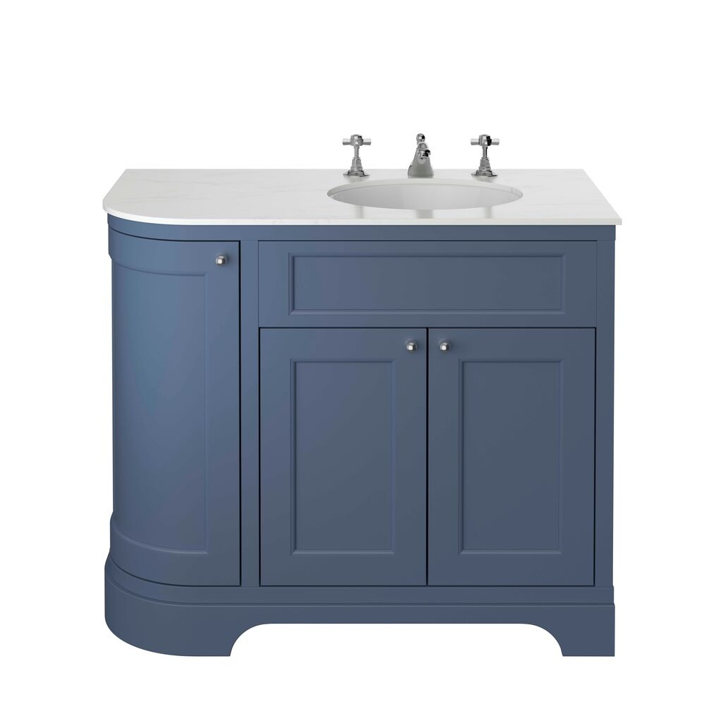 Cut out image of the Heritage Wilton 1000mm Maritime Blue Right Hand Corner Vanity Unit with Worktop, Basin & Handles Pack