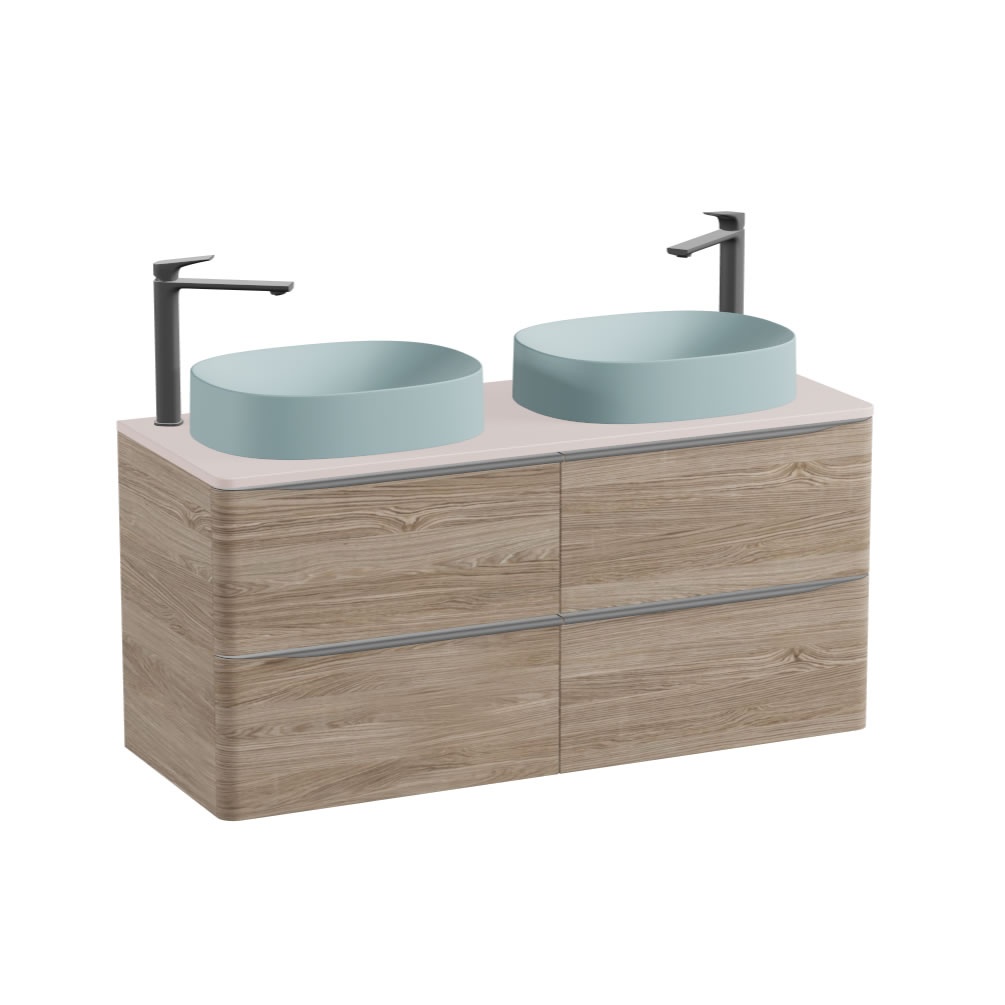 Vado Cameo 1200mm Natural Oak Wall Hung 4 Drawer Vanity Unit, Pink Worktop & Cove Blue Oval Basins