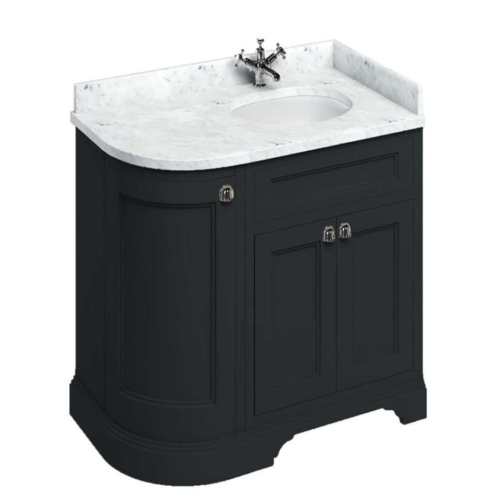Burlington Matt Black 980mm Right Hand Curved Vanity Unit & Carrara White Minerva Worktop