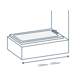 iconography image of a bath with 1500mm to 1599mm length text to show this size bathtub
