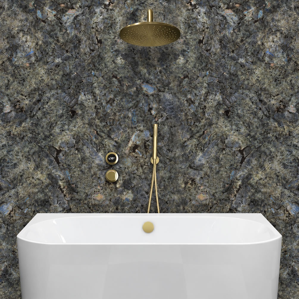 Lifestyle image of TED TOGO Brushed Brass Triple Outlet Digital Shower Bath Set