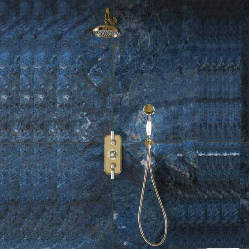 Product Lifestyle Image of BC Design Victrion Two Outlet Concealed Shower Valve with Shower Handset and Overhead 200mm Shower Head and Shower Arm in Gold